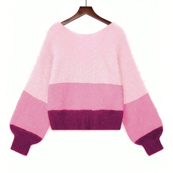 Multicolor Loose Fit Women's Color Block Backless Cropped Sweater - Picture 5 of 6